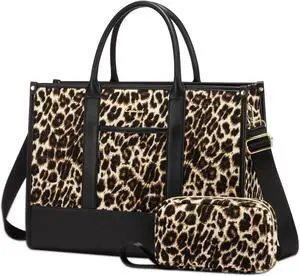 LOVEVOOK Laptop Tote Bags for Women Canvas Work Bag 15.6 inch Large Professional Teacher Purse Lightweight Computer Bag Briefcase Business Office, Leopard-black