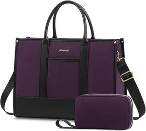 LOVEVOOK Laptop Tote Bags for Women Canvas Work Bag 15.6 inch Large Professional Teacher Purse Lightweight Computer Bag Briefcase Business Office, Purple-black