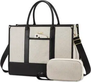 LOVEVOOK Laptop Tote Bags for Women Canvas Work Bag 15.6 inch Large Professional Teacher Purse Lightweight Computer Bag Briefcase Business Office, Black-white