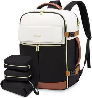 LOVEVOOK Travel Backpack for Women, TSA Carry On Backpack Flight Approved Luggage, 30L Water Resistant Personal Item Daypack Large Weekender Bag fit 15.6 inch Laptop with 3 Cubes, Beige-black-brown