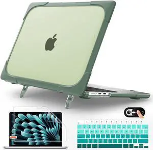 Mektron 2023 Heavy Duty Case for MacBook Air 15 inch with M2 A2941,15.3 Shockproof Protective Hard Shell Cover with Fold Kickstand with Keyboard Skin,Screen Protector,Camera Cover,Midnight Green