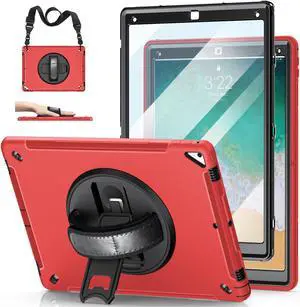 Case for iPad Pro 12.9 2nd Generation 2017& 2015 1st Generation, Heavy Duty Rugged TPU Protective Cover W/Screen Protector- 360deg Rotatable Stand + Handle Hand & Shoulder Strap + Pencil Holder- Red