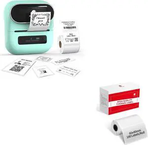 Phomemo M220 Label Maker Green & 1 Roll Transparent Thermal Label 2.36" x 1.57"(60x40mm), Upgrade 3 Inch Barcode Portable Printer, for Office & Small Business, Compatible with Phones&PC