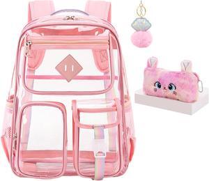 3Pcs Clear Backpack Set, Heavy Duty PVC Transparent Daypack 17in Laptop bag, See Through Large Capacity Double Shoulder Backpack with Plush Pencil Case Key Chain(Pink)