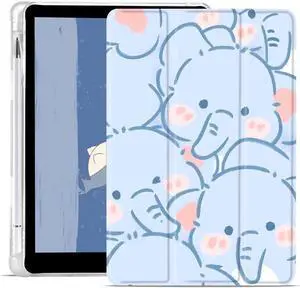 JOYLAND Lovely Cartoon Elephant Pad Case for 10.5 Inch iPad Pro 2017/iPad Air 3 with Pencil Holder, Auto Wake/Sleep, Clear TPU Blue Leather Anti-Scratch Smart Foldable Stand Back Cover