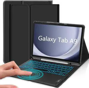 QYiiD Case with Keyboard for Galaxy Tab A9 8.7-Inch 2023 (SM-X110/X115/X117), 7 Color Backlit, Smart Touchpad, Detachable Keyboard Synthetic Leather Cover with S Pen Holder for Tab A9 8.7" 2023, Black