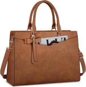 RAINSMORE Laptop Bag for Women 15.6 Inch PU Leather Tote Bag Professional Business Office Work Bag Waterproof Briefcase Computer Tote Bag Large Lightweight Handbag Shoulder Bag, Erasing Vintage Brown