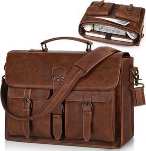 RAINSMORE Messenger Bag for Men 18 Inch Vintage Leather Laptop Briefcase Large Laptop Bag Waterproof Satchel Bag Computer Shoulder Bag for Office Work Travel College, Brown