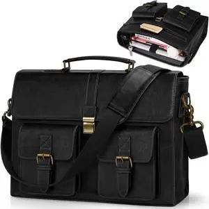 RAINSMORE Mens Messenger Bag 15.6 Inch Leather Vintage Laptop Briefcase Waterproof Computer Laptop Bag Leather Satchel Bag Large Shoulder Bag for Office Work Travel College, Black