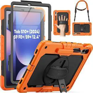 SEYMAC Case for Samsung Galaxy Tab S10+/S9 FE+/S9+ Plus 12.4" - Heavy Duty Shockproof Protective Case with Screen Protector, Stand, Hand/Shoulder Strap and Pen Holder, Orange