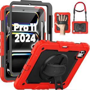 SEYMAC for iPad Pro 11 Inch Case 2024 (M4), Heavy Duty Shockproof Protective Case with Screen Protector, 360deg Rotating Stand, Hand/Shoulder Strap and Pen Holder for iPad Pro 11 2024, Red