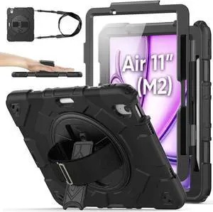 SEYMAC stock Case for iPad Air 11 inch (M3/M2-chip) Air 7th/6th Generation with Meshdesign, Screen Protector Pen Holder [360° Rotate Hand Strap] &Stand, Shockproof Case 11 inch 2025/2024 (Black)