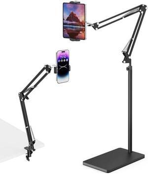 mmcrz Tablet Floor Stand with 11lb Stable Base & Desk Clamp, Adjustable Height Stretchable Arm Swivel Dual Holder, Compatible with iPhone, iPad Pro Air Mini, Galaxy Tab, Kindle, Phones (4.5''-13'')