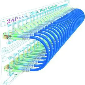 Sokqovt Cat6a Patch Cables Slim 6ft (24 Pack), Flexible Cat6 Ethernet Patch Cable 10G 550MHZ, 28AWG Pure Copper Cat6 Patch Cable for Network Cabinet, Cat 6 Patch Cable Blue