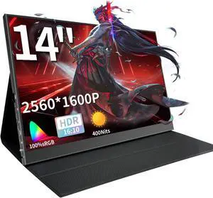 StarXnDa 14 inch Portable Monitor, 2560 * 1600p IPS Ultra-Slim Travel Monitor 100% sRGB HDR 400cd/m² Eye-Care HDMI Type-C Portable Screen for Laptop Mac Pc Phone