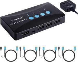 TCNEWCL KVM Switch 4 Port, HDMI KVM Switcher 4Kx2K@30Hz for 4 Computers Sharing 1 HD Monitor and 3 USB Devices Keyboard Mouse Printer,Including 4*KVM Cables &1* Wire Desktop Controller