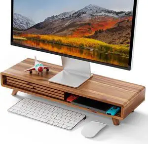Tinamo Acacia Monitor Stand Riser with Sliding Door - Wooden Monitor Riser for Desk - Computer Monitor Stand for Desk - Multi-Purpose Desktop Storage Stand for Computer; Laptop; TV(24.4 " x 8" x 5")