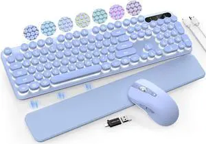 Wireless Keyboard and Mouse Backlit - Typewriter Keyboard with Retro Round Keycaps, Detachable Wrist Rest, Light Up Letters, 2.4G Rechargeable Combo for Mac, Windows, PC, Laptop, Trueque (Purple)