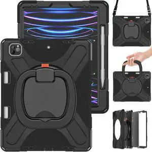 Tuiklol Case for M2 iPad Pro 12.9 Inch Case Generation 6th/5th/4th/3rd (2022 2021 2020 2018) Case with Shoulder Strap, Protection Duty Shockproof Silicone Cover, Black