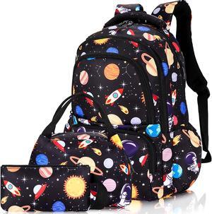 Unineovo Space Theme School Backpack Set for Boys,Large Capacity Kids Astronaut Travel Waterproof Schoolbag, Cute Bookbags with Lunch Box Pencil Case