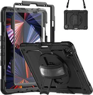 Whmeolyo iPad Pro 12.9 Case 2022 6th Gen/2021 5th Gen/2020 4th Gen/2018 3rd Gen, Shockproof Rugged 12.9 inch iPad Pro Case with Screen Protector Pencil Holder,Kickstand Hand & Shoulder Strap,Black