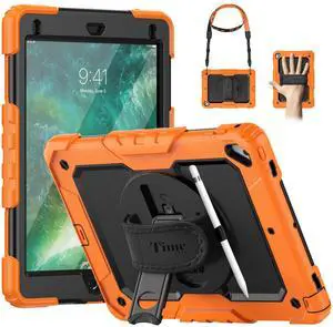 Timecity Case for iPad 6th/5th Generation, for iPad 9.7 Inch Case with Screen Protector Rotating Stand/Hand Strap Full-Body Silicone+PC Durable Protective Case for iPad 5th/6th /Air 2/Pro 9.7- Orange