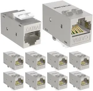 VCELINK CAT6A RJ45 Keystone Coupler Shielded, 10-Pack Keystone Jack Inline Coupler Female to Female 10Gbps for Patch Panel and Keystone Wall Plate, Silver