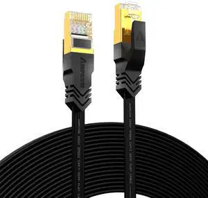 AMPCOM CAT7 Ethernet Cable 100ft, Flat & Slim (0.78) High Speed 10 Gigabit Internet LAN Network Cable Cord with Gold Plated RJ45 Plug for Switch, Gaming, Router, Modem- Black 100ft