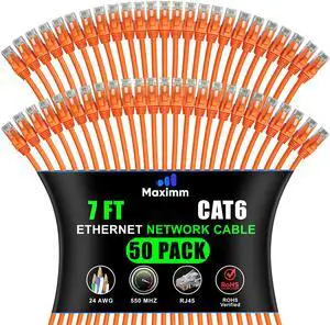 Maximm Cat 6 Ethernet Cable 7 Ft, (50-Pack) Cat6 Cable, LAN Internet and Network - UTP (Orange) 7 Feet