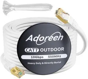 Adoreen Cat 6E Cat 7 Outdoor Ethernet Cable 300 FT White, High Speed Shielded Network Cable, S/FTP, POE, 26AWG OFC, Heavy-Duty Waterproof Direct Burial Cat 6A Internet Cable RJ45 LAN Cord+Ties-OD