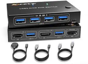 2 Computers HDMI USB 3.0 KVM Switch, HDMI KVM Switch 2 Ports, 2 Computers Share 1 Monitor and 4 USB Devices, ANQXX Keyboard Mouse Switch with Wired Control, 2 USB Cables and Power Adapter