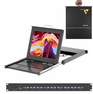 Rack Mount KVM w/17 LCD Monitor, Arvitek 8 Port KVM Switch VGA with Handle, Fit 1U 19" Rack, Support Hotkey+Button+OSD Switching + 8 VGA KVM Cables