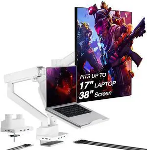 AVLT Dual 17-38" Monitor Arm Desk Mount with 17" Laptop Tray and USB-C Docking Station, HDMI 4K60Hz, USB-A 5Gbps, Ethernet, 100W PD, Fits Two Flat/Curved Monitor - White
