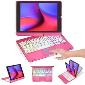 Baisla iPad 9th Generation Case with Keyboard 10.2" (2021), 360deg Rotatable with Trackpad & Rainbow Backlit, iPad Keyboard case for 9th/8th/7th, iPad Air 3, iPad Pro 10.5 (Hot Pink)
