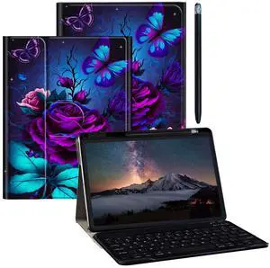 BPQOJB for Galaxy Tab A9 Plus Case with Detachable Wireless Keyboard & 360 Degree Rotating Stand Protect Cover Tablet Case for Samsung Galaxy Tab A9 Plus 11 inch 2023 - Purple Rose and Blue Butterfly