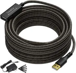 Active USB Extension Cable 50 Feet, USB 2.0 A Male to Female Cord (from 2ft to 150ft for Selection), with an Extension Chipset Signal Booster, 22AWG Tinned Pure Copper, (AC Power Supply Included)