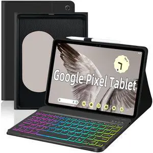 EAMPANG Case with Keyboard for Google Pixel Tablet 11 inch 2023 Release,7 Color Rainbow Backlit Detachable Type-C Charging Keyboard Magnetic Cover with Pencil Holder-Black