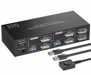 4K 144Hz Displayport KVM Switch 2 Monitors 2 Computers 8K60Hz DP USB3.0 KVM Switcher Dual Monitor Displayport USB Selector 2 PC Share Keyboard Mouse 12V DC Adapter and USB3.0 Cables X2 Included