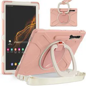 PboyiqiS Heavy Duty Case for Galaxy Tab S9/S9 FE 2023/Tab S8 2022/Tab S7 2020,Hybrid Rugged Case with S Pen Holder, Shockproof Kids Case with 360 Rotating Stand/Shoulder Strap (Light Pink)