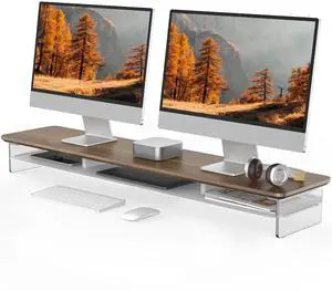 Fenge Acrylic Monitor Stand Riser, 42.5 Inches Acrylic Clear Dual Monitor Stand with Metal Storage, 2 Tier Acrylic Computer Riser for Desk, Clear Laptop Stand for PC, Laptop, Printer, TV