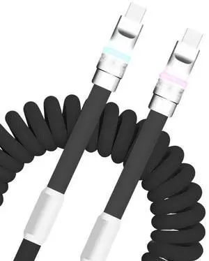 GentsStride Neon Chubby - New Spring Charge Cable Coiled Charging Cable for Carplay USB C Spiral Fast Charger Cable and Sync for Smart Phone,Tablet, Black, Type-C to Type-C, 2.29FT-3.6FT