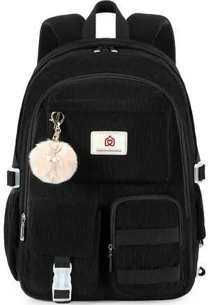 School Backpack for Teens Girls Women 15.6 Inch Laptop College Backpacks Corduroy Work Bag Kids Elementary Middle High Campus Bookbag Students Back Pack Anti Theft Travel Daypack Womens - Black