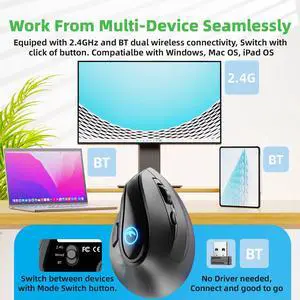 IFYOO 2.4G / BT/Wired Tri-Mode RGB Rechargeable G53 Wireless Vertical Ergonomic Mouse, 5 Side Buttons, Max 8400 DPI, for PC Computer Notebook Laptop, for Windows 11 10, Mac, iPad OS, Android - Black