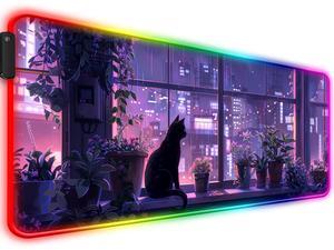 JIANG100 RGB Japanese Anime Cute Cat and Plant Gaming Desk Mat, Computer Keyboard Large Extended Kawaii Animal LED Mouse Pad for Office and Home, 31.5x11.8 Inches, XL, Purple