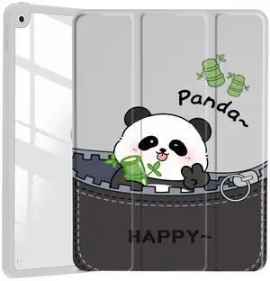 JOYLAND Cute Happy Panda Pattern Case Compatible with iPad Mini6,Clear Transparent Acrylic Hard Back Grey White Case with Pencil Holder Trifold Stand Tablet Cover(Model Number:A2567/A2568/A2569)