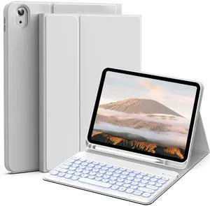 JKSML 10.9" Case for iPad 10th Gen 2022 with 7 Colors Backlit Keyboard & Pencil Holder, Detachable Bluetooth Round Key Keyboard (Quick Connection), Adjustable Brightness, Soft Silicone, Light Gray