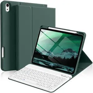 kenke for iPad 10th Generation Case with Keyboard 10.9 inch 2022, Detachable Folio Wireless Bluetooth iPad Keyboard Case with Built-in Right Side Pencil Holder, White Square Keycaps (Dark Green)