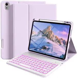 kenke for iPad 10th Generation Case with Keyboard 10.9 inch 2022, Detachable Wireless Bluetooth iPad Keyboard Case with Built-in Right Side Pencil Holder, Backlit White Circular Keycaps (Purple)