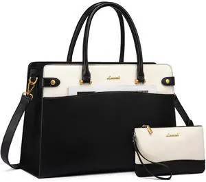 LOVEVOOK Laptop Tote Bag For Women Work, Vintage Leather Computer Bags For Laptops For Women, Waterproof Laptop Bag Business Briefcase Office Large Shoulder Handbag Purse, 17.3 Inch, Black-Beige
