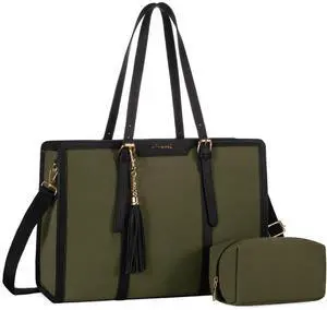 LOVEVOOK Laptop Bag for Women - 15.6 inch Lightweight Canvas Laptop Tote, Large Capacity Computer Bag with Clutch Purse for Business, Work, Travel, School (Black & Green, 15.6 Inch)
